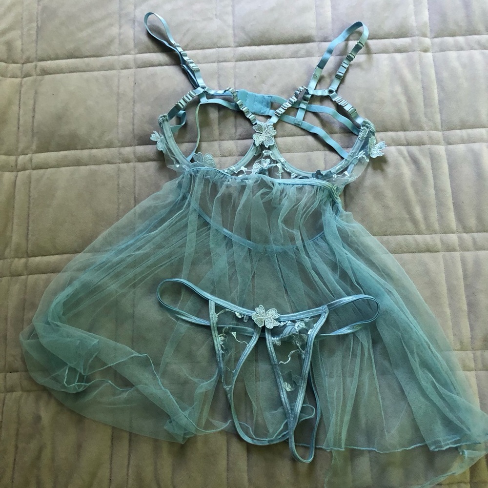 ROMWE Sheer Floral Lace Trim Babydoll Chemise in Mint Green
